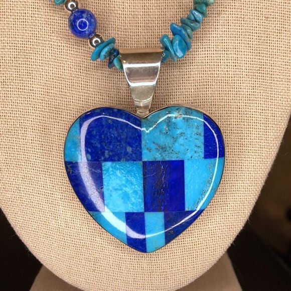 JAY KING Turquoise Lapis Mosaic Inlay Heart Pendant On Turquoise Lapis Necklace - Picture 10 of 13
